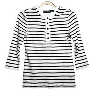 Ralph Lauren Henley Top 100% Cotton 3/4 Sleeve White & Navy Stripes Size Medium
